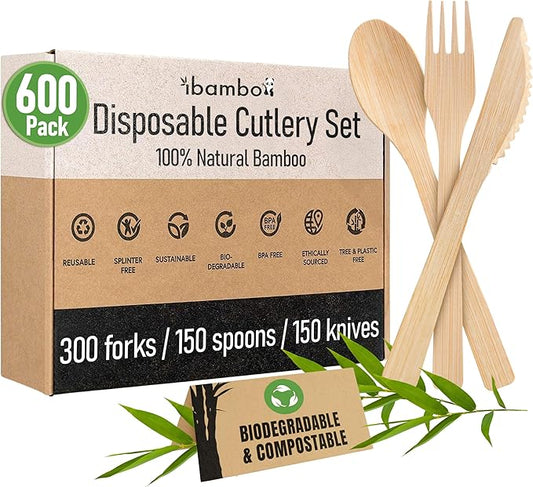 100% Bamboo Cutlery Set - 600 Biodegradable Utensils (300 Forks, 150 Knives, 150 Spoons) - Reusable or Disposable Bamboo Flatware | Compostable FSC Certified Utensils for Weddings & Parties