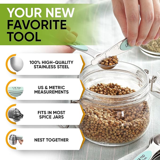 Spring Chef Premium Swivel Vegetable Peeler & Stainless Steel Magnetic Measuring Cups & Spoons, Set of 15 with Leveler - 2 Product Bundle - Mint