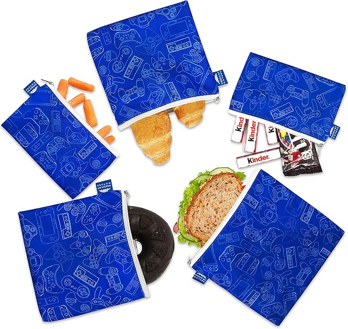 Nordic By Nature Reusable Sandwich Bag Snack Bags - Value Pack of 5 Dual Layer Lunch Baggies - Dishwasher Safe - Eco Friendly Cloth Wraps - Easy Open Zipper (Gamer Blue)