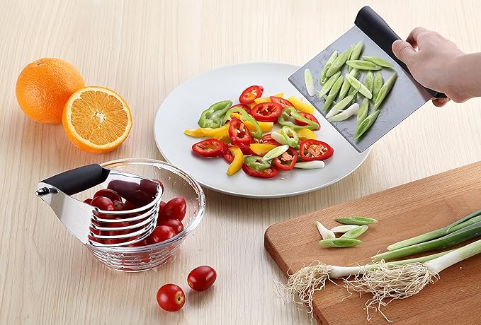 Spring Chef Stainless Steel Dough Blender and Bench Scraper Set, Black & Stainless Steel Round Measuring Cups, Set of 7-2 Product Bundle