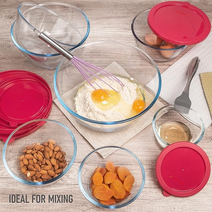7 Stackable Space-Saving Nesting Glass Bowls with BPA Free Lids for Foodprep, Storage, Baking, Mixing & Cooking, Microwave Safe - Durable Inert Borosilicate Glass