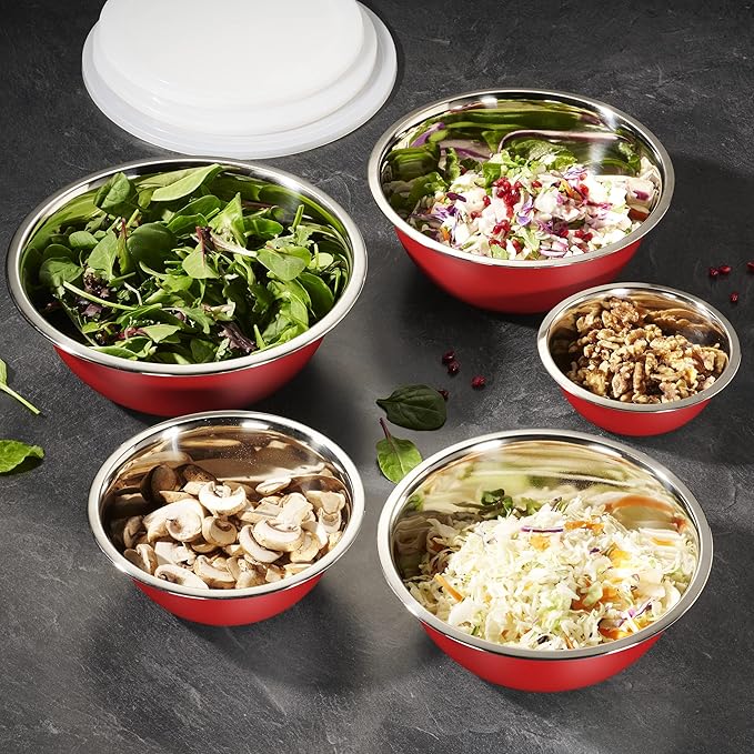 WHYSKO Stainless Steel Mixing Bowl Set, 10 Piece Stainless Steel Mixing Bowls with Lids Set for Food Prep Storage and Serving, Dishwasher Safe Microwave Safe for Kitchen Baking Cooking, Red