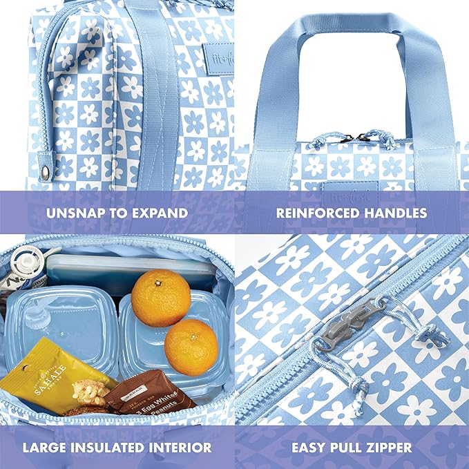 Fit & Fresh Neoprene Like Lunch Bag For Women, Insulated Womens Lunch Bag For Work, Tear & Stain Resistant Large Lunch Box With Containers and Ice, Machine Washable Remi Lunch Bag, Blue Daisy