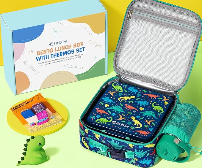 Fimibuke Bento Box for Kids Adult - Leakproof 3-4 Compartments Lunch Bento Box Set with Insulated Thermos Food Jar, Water Bottle, Lunch Bag, Sauce Cup & Cutlery for Toddler Girl Boy Age 3+