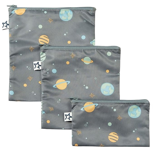 Tiny Twinkle 3 Pack Reusable Snack Bags - Machine Washable, PFAS, PVC, BPA, Phthalate-Free Reusable Baby and Toddler Food Safe Snack Bags (Space)
