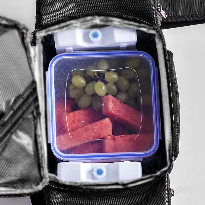 Meal Prep Lunch Bag/Box For Men, Women + 3 Large Food Containers (45 Oz.) + 2 Big Reusable Ice Packs + Shoulder Strap + Shaker With Storage. Insulated Lunchbox Cooler Portion Control Set (Black)