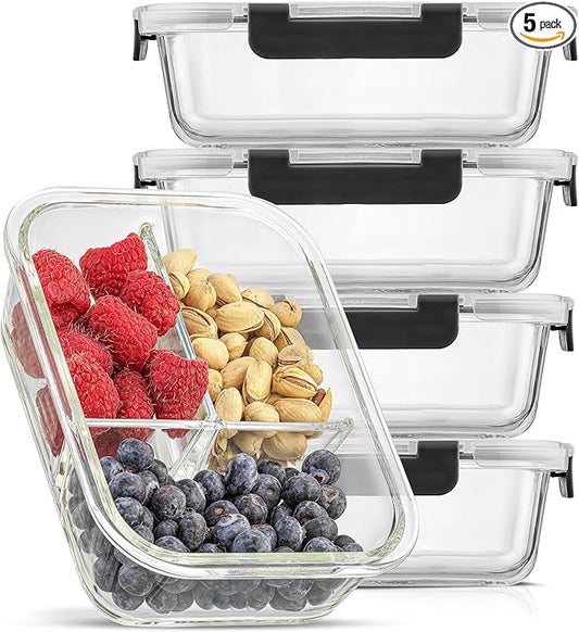 JoyJolt Divided 3 Compartment Glass Meal Prep Bento Box Set. 5 Pack Airtight Food Storage Containers with Lids for Portion Control and Weight Loss
