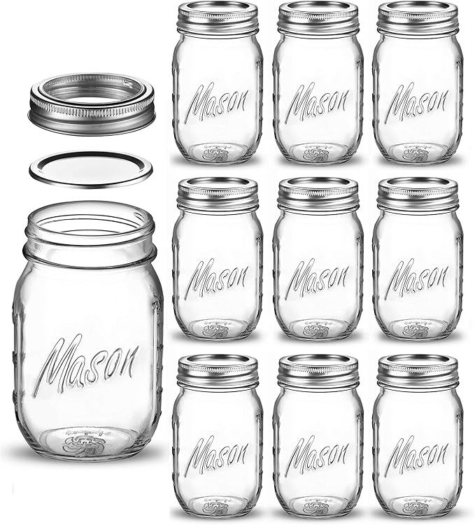 Paksh Novelty Mason Jars with Lids & Sealer - 5 Pack 16 Oz Regular Mouth Glass Canning Jars - Food Storage Container - Airtight Container for Pickling, Candles, Overnight Oats, Fruit Preserves
