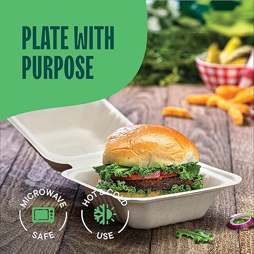 [Case - 500-Pack] 100% Compostable To Go Containers 6x6" Clamshell Take Out Food Container with Hinged Lid - Disposable Togo Plates - Biodegradable Eco-Friendly Takeout Box Made of Sugar Cane Bagasse