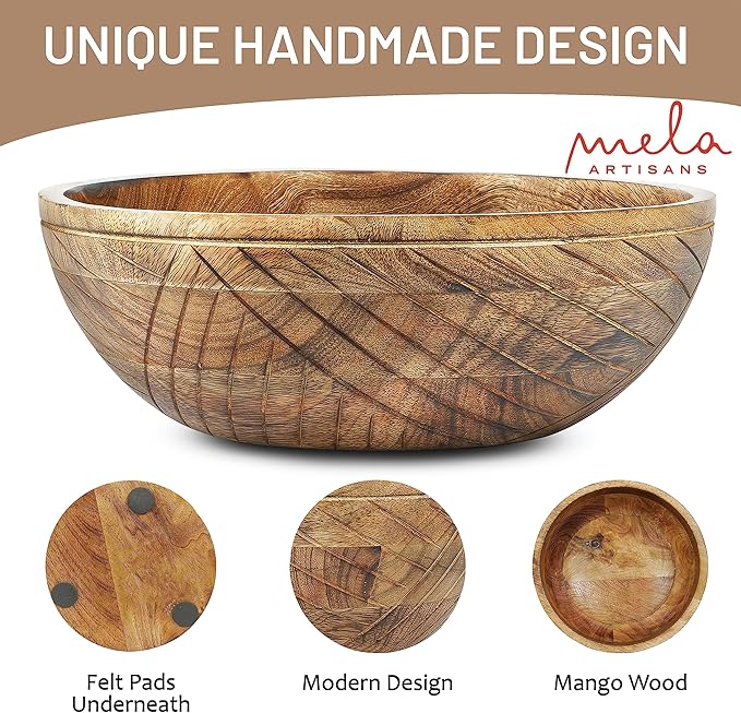Mela Artisans 12'' Wooden Fruit Bowl, Large Serving Bowl for Salads, Cereals, Snacks & Mixing | Decorative Bowls for Kitchen | Jai Valley Collection