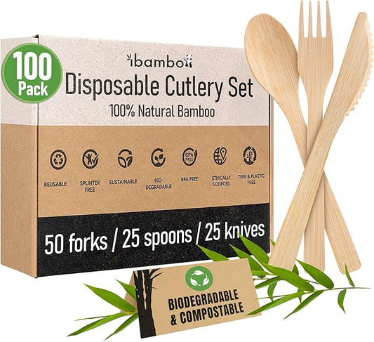 100% Bamboo Utensils Set - 100x Compostable Cutlery Set (50 Compostable Forks, 25 Disposable Spoons, 25 Biodegradable Knives) | Bamboo Silverware | FSC Certified for Weddings, Camping, Party