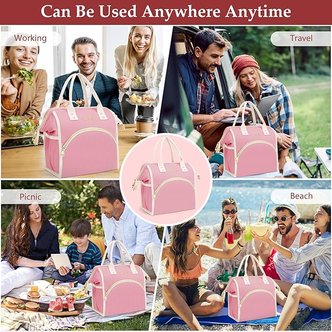 LOKASS Lunch Bag Women Insulated Lunch Box Wide-Open Lunch Tote Bag Large Cooler Bag for Work Picnic Hiking Beach（Pink）