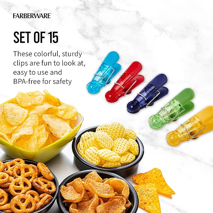 Farberware Colourworks Set of 15 Multipurpose Clips Food Saving Chip Bag Sealers with Magnetic Backs, 16 Pack, Assorted Translucent Colors