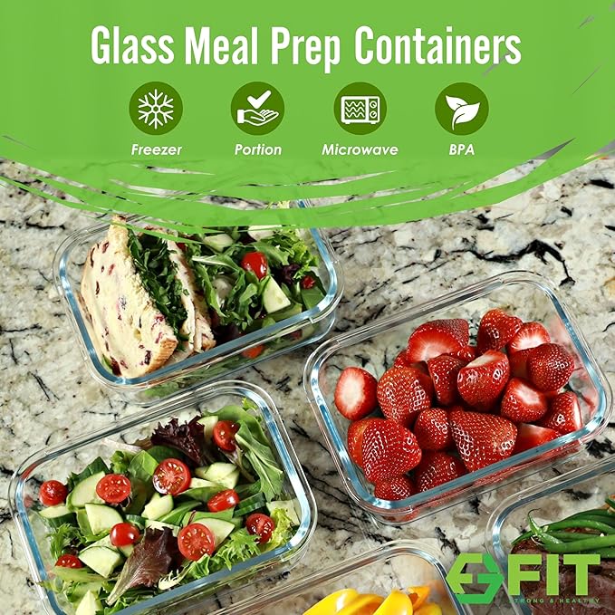 FIT Strong & Healthy 35oz Glass Meal Prep Containers with Lids 1 Compartment - Glass Lunch Box, Lunch Food Storage, Airtight Lids, Oven, Dishwasher & Freezer Safe, Leak-Proof Bento Box, Blue, 3 Pack