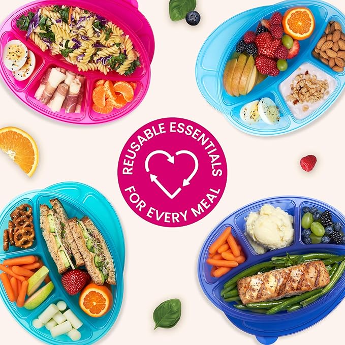 Bentgo Easyboxes 4-Compartment Oval Containers - Patented Design 8-Piece Set; 4 Trays & 4 Fitted Lids Seal in Freshness; Reusable Food Storage & Meal Prep BPA-Free Containers (Jewel Brights)