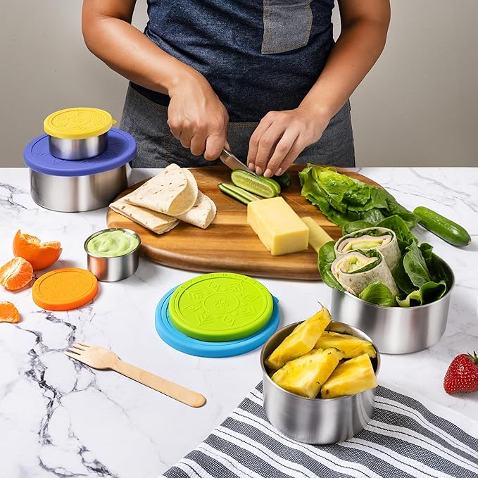Everusely - Stainless Steel Containers with Lids - Set of 5, Summer Collection - Leakproof Stainless Steel Food Containers - Nesting Snack Holders - Metal Lunch Box - Portable & Reusable Meal Kit