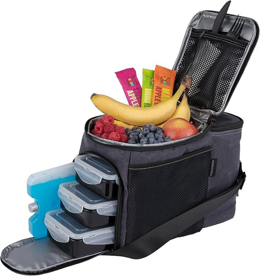 Evolutionize Meal Prep Bag - Full Meal Prep Lunch Box Management System includes Portion Control Meal Prep Containers + Ice Pack (3 Meal Insulated Cooler Bag, Black)
