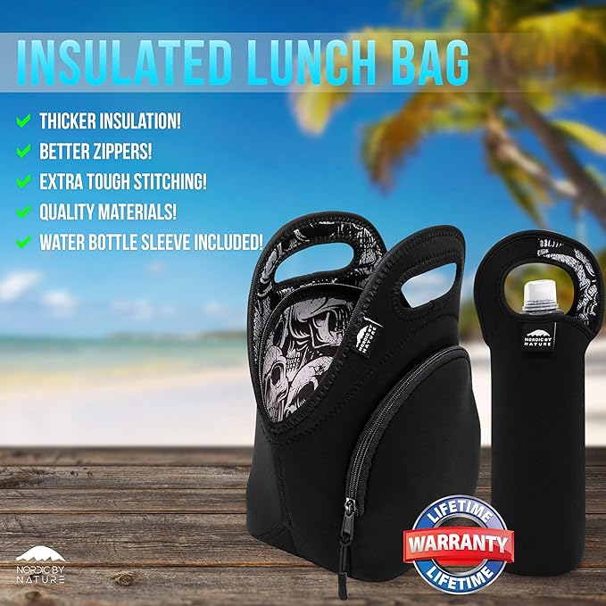 Lunch Bag Set For Women, Men & Kids | Extra Thick 5mm Insulated Neoprene Keeps Your Lunch Box Delicious For Hours | Washable | Water Bottle Sleeve | Extra Pocket | YKK zippers | Skulls