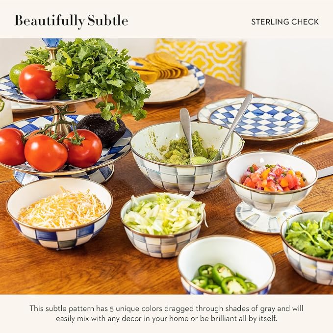 MACKENZIE-CHILDS Enamel Mixing Bowl Set, Small 5-Cup, Medium 10-Cup, and Large 16-Cup Serving Bowls for Entertaining, Set of 3, Gray-and-White Sterling Check