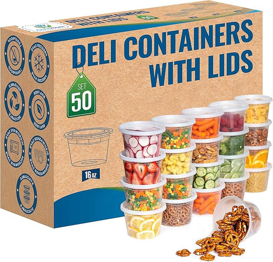 Deli Plastic Food Containers with Airtight Lids [50 Sets], Leakproof Slime Small Combo Pack [Reusable, Storage, Disposable, Meal Prep, Soup, Microwaveable & Freezer Safe] (16oz)