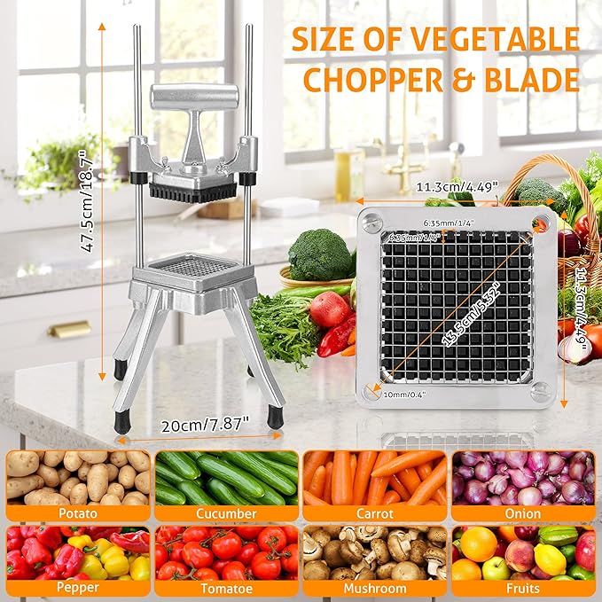 WICHEMI Commercial Vegetable & Fruit Chopper - Stainless Steel Dicer, Cutter for Onions, Potatoes, Peppers & Mushrooms (1/4")
