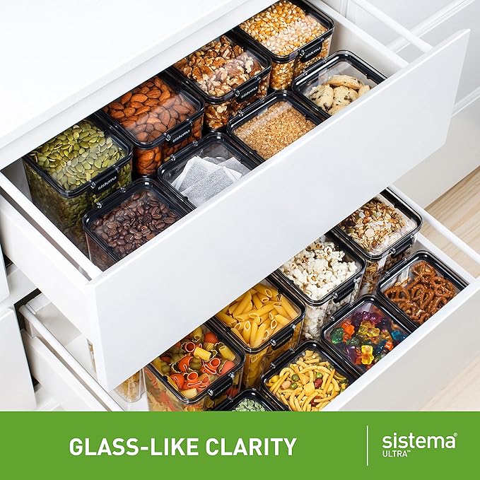 Sistema Ultra Tritan Airtight Pantry & Kitchen Storage Containers 3 Square Plastic Food Containers with Lids (1x 1.3L + 2x 700ml) Stackable with Locking Clips BPA-Free [82008]