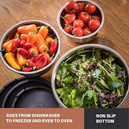 Bellemain Stainless Steel Non-Slip Mixing Bowls with Lids (3 Piece, Silver/Black)