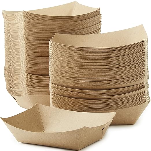 Eco Friendly USA-Made 3lb Food Holder Trays 150 Pk. Compostable Kraft Paper Container for Diners Concession Stands or Camping. Best Sturdy 3 Lb Disposable Party Snack Boat for Nachos, Tacos or BBQ.
