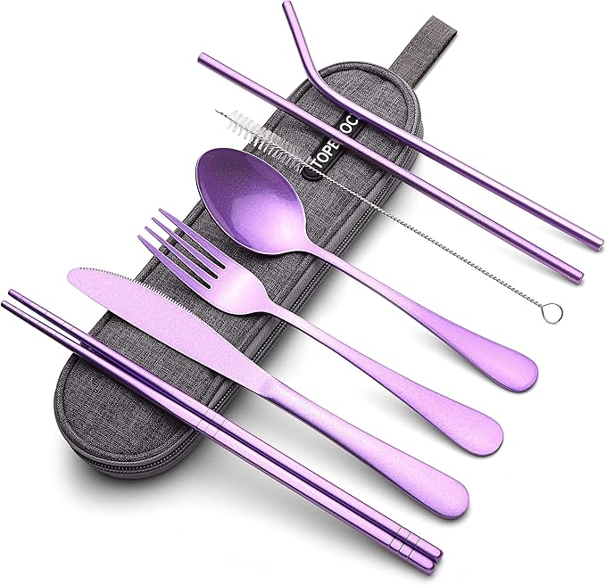 Portable Stainless Steel Flatware Set, Travel Camping Cutlery Set, Portable Utensil Travel Silverware Dinnerware Set with a Waterproof Case (Light Purple)