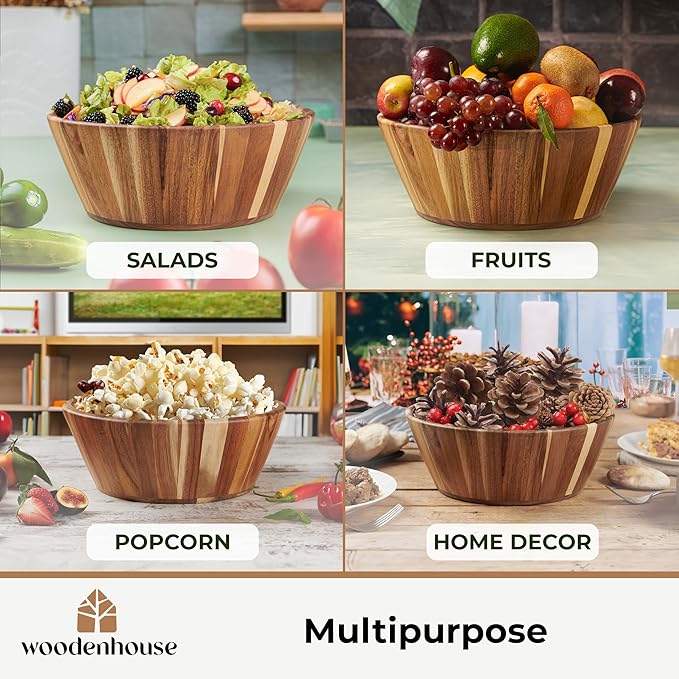 Wooden Bowls, Wooden Salad Bowl Set of 3 - Round Design Large Salad Bowl Set for Serving, Handmade, Durable and Stylish Natural Wood Dining Accessory by Woodenhouse