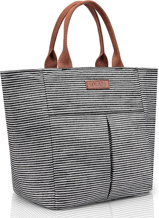 LOKASS Lunch Bag Women Insulated Lunch Box, Wide-Open Lunch Tote Bag Leak-proof Cooler Bag for Work Picnic- (Stripe)
