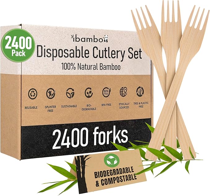 100% Bamboo Forks Set - Compostable Utensils Bulk (2400 Eco Friendly Forks) | Bamboo Cutlery Disposable or Reusable | Compostable FSC Certified Flatware for Weddings, Camping, Parties