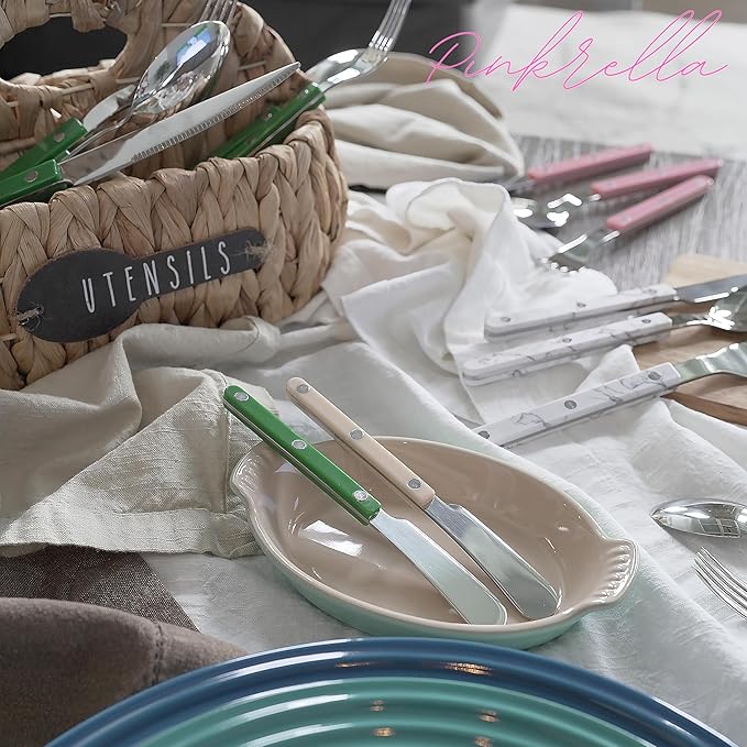 6-Piece Stainless Steel Flatware Silverware Cutlery Set - Color Handle with Rivet/Retro Style - Includes Dinner Knife; Dinner Fork; Salad Fork; Soup Spoon; Teaspoon; Spreader (GREEN)
