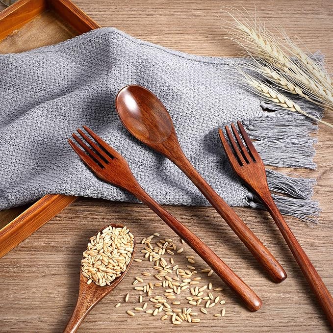 Patelai Wooden Spoons Forks Set Wood Dinner Utensil Set Reusable Flatware Tableware Set Handmade Natural Cutlery Set Includes Wood Spoon Fork for Cooking Stirring Eating(16 Pieces)