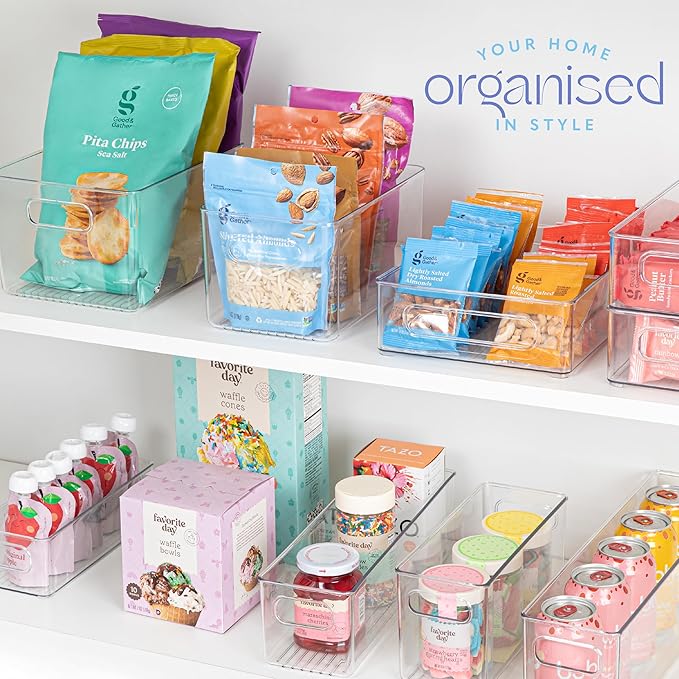 Plastic Food Storage 6 Pack Clear Container Bin with Handles for Organizing Kitchen, Pantry, Refrigerator, Freezer, Pantry, Cabinet, Closet, Bathroom. 14”x4”x4”