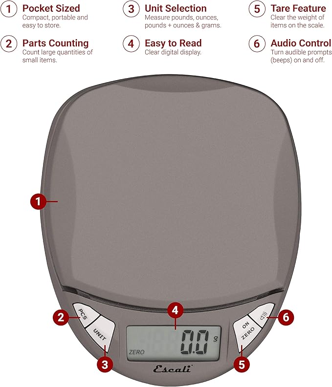 Escali Pico PR500S Precision Kitchen Food Scale for Baking and Cooking, Lightweight and Durable Design, LCD Digital Display, Lifetime ltd. Warranty, Metallic Small