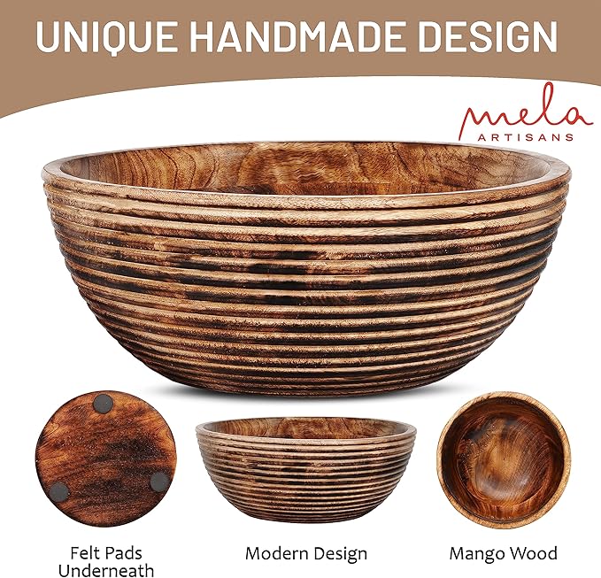 Mela Artisans 12'' Wooden Fruit Bowl, Large Serving Bowl for Salads, Cereals, Snacks & Mixing | Decorative Bowls for Kitchen | Darma Valley Collection