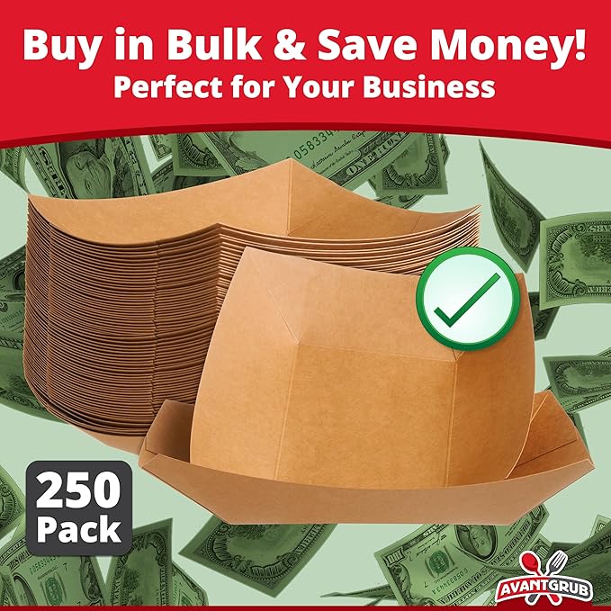 Eco Friendly, USA-Made 3lb Food Holder Trays 250 Pack. Compostable Kraft Paper Container for Diners, Concession Stands or Camping. Best Sturdy 3 Lb Disposable Party Snack Boat for Nachos, Tacos or BBQ