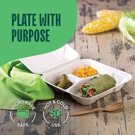 100% Compostable To Go Containers 9x9" 3-Compartment Clamshell Take Out Food Container with Hinged Lid - Disposable Togo Plates - Eco-Friendly Takeout Box Made of Sugar Cane Bagasse [50-Pack]