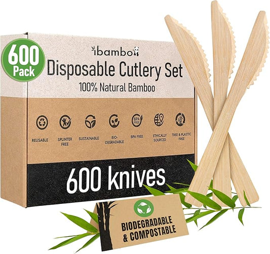 100% Bamboo Knives Set - Eco Friendly Kitchen Utensils (600 Compostable Knives) | Bamboo Utensils Disposable or Reusable | Compostable FSC Certified Silverware for Weddings, Camping, Parties