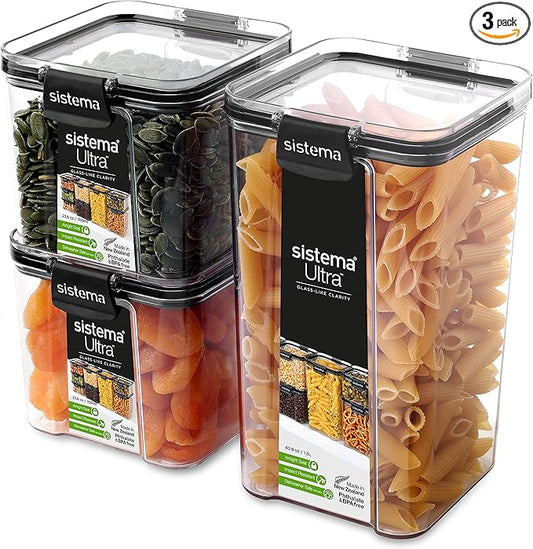 Sistema Ultra Tritan Airtight Pantry & Kitchen Storage Containers 3 Square Plastic Food Containers with Lids (1x 1.3L + 2x 700ml) Stackable with Locking Clips BPA-Free [82008]