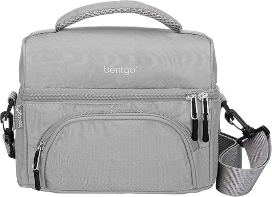 Bentgo Deluxe Lunch Bag - Durable and Insulated Lunch Tote with Zippered Outer Pocket, Internal Mesh Pocket, Padded & Adjustable Straps, & 2-Way Zippers - Fits Most Lunch Boxes (Gray)