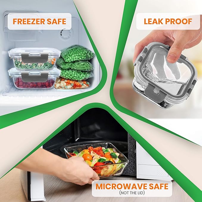 NutriChef 24pcs Glass Food Storage Containers, (12 Stackable Heavy Duty Meal Prep Containers w/ 12 Airtight Lids), Microwave, Freezer, & Dishwasher Safe for Food, Snacks, Fruit & More, (Gray)