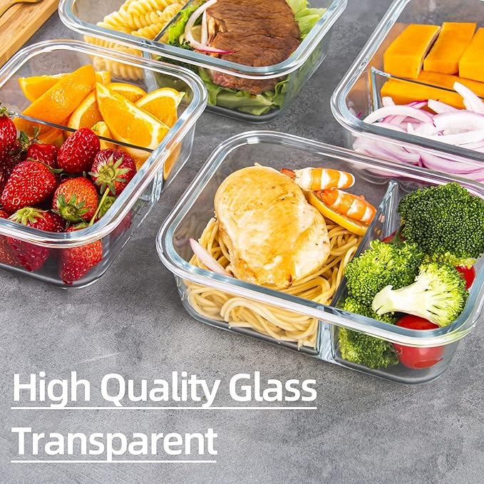 Glass Meal Prep Containers 2 Compartment with Lids (5 Pack, 34oz), Divided Glass Storage Containers for Lunch at Work, Leak-Proof Portion Control Food Containers, Microwave/Dishwasher Safe
