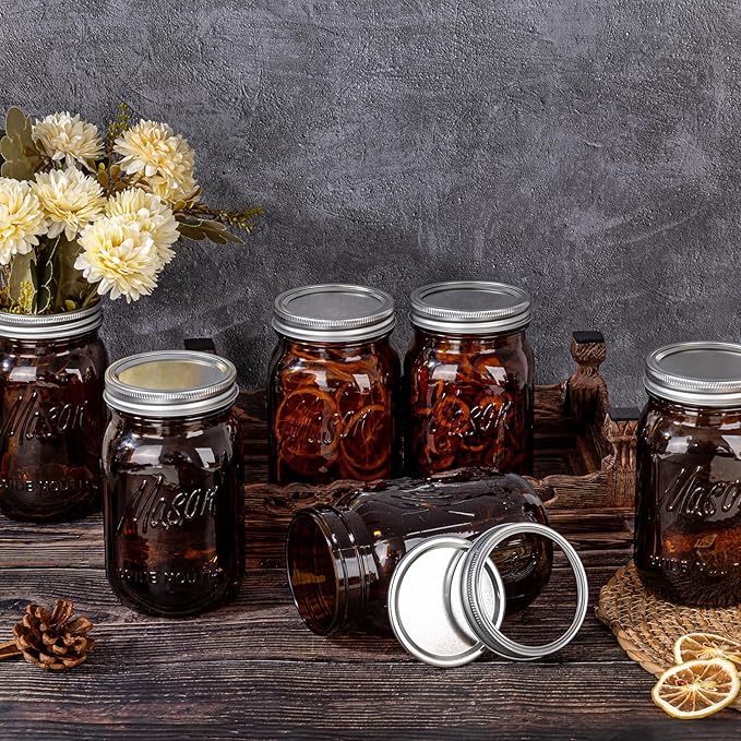 WELLIFE Amber Mason Jars, 6 Pack wide mouth mason jars for Pickling, Canning, Fermenting and Food Storage, Microwave & Dishwasher Safe