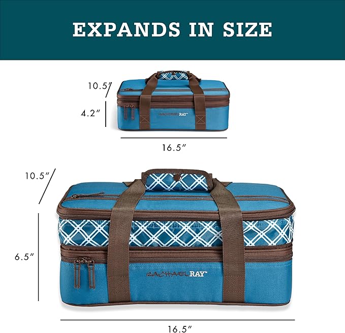 Rachael Ray Expandable Insulated Casserole Carrier for Hot or Cold Food, Thermal Lasagna Lugger Tote for Potluck, Parties, Picnic, and Cookouts, Fits 9" x 13" Baking Dish