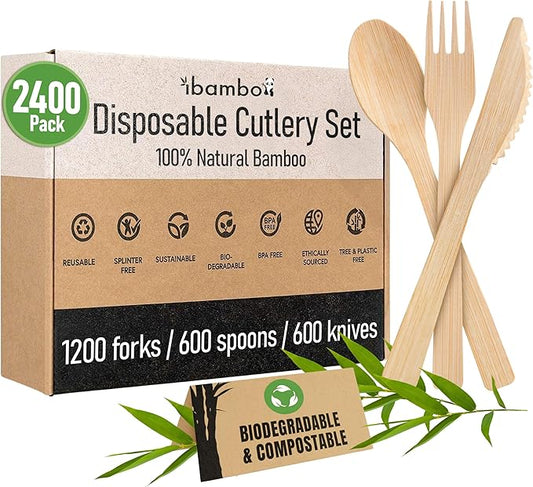 100% Bamboo Cutlery Set - 2400 Utensil Disposable Set (1200 Forks, 600 Spoons, 600 Knives) | Reusable or Disposable Utensils for Party | FSC Certified Flatware for Weddings, Camping, Parties