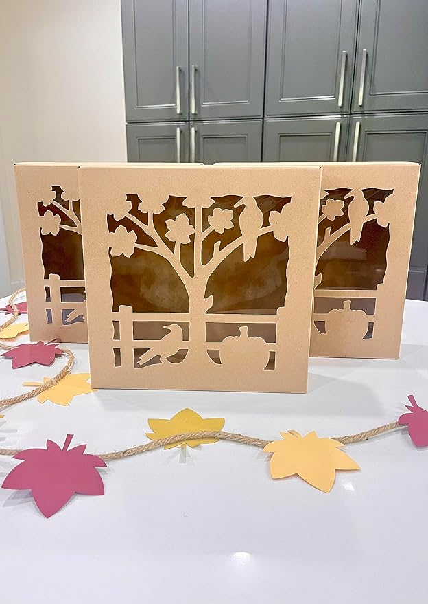 Kraft Pie Box With Window - Fall Thanksgiving Holiday 10" X 10" X 2" Bakery Boxes for 9 Inch Pies and Cookies - Natural Paper Box SET OF TEN - Timesaver Assembly