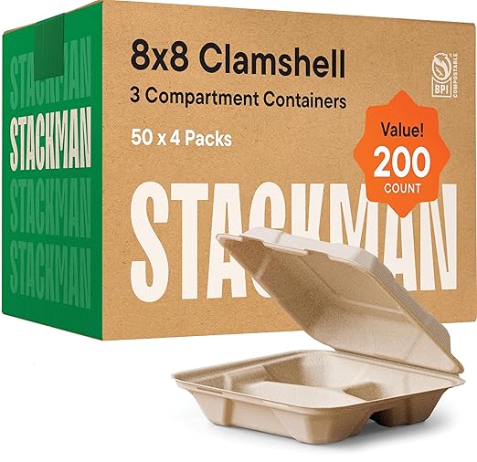 [Bulk - 200-Count] 100% Compostable to Go Containers 8x8" 3-Compartment Clamshell Take Out Food Container with Hinged Lid - Disposable Togo Plates - Eco-Friendly Takeout Box Made of Sugar Cane Bagasse