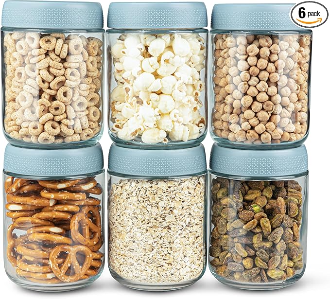 C&O ESSENTIALS 16 oz Glass Mason Jars with Airtight Lids - Wide Mouth Canning Jars for Food Storage, Meal Prep, Overnight Oats, Preserving, Pickling (6-Pack) (Blue)